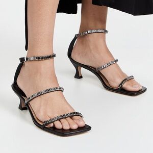 Schutz Nellina Low Black Leather Embellished Dress Sandal Heel Size 8 B